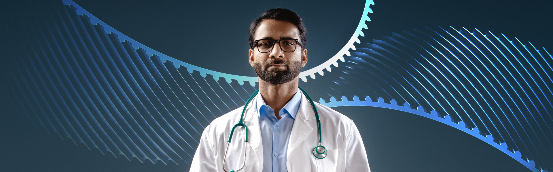 Physician against abstract AI data wave background representing behavioral science and decision-making in pharma market research