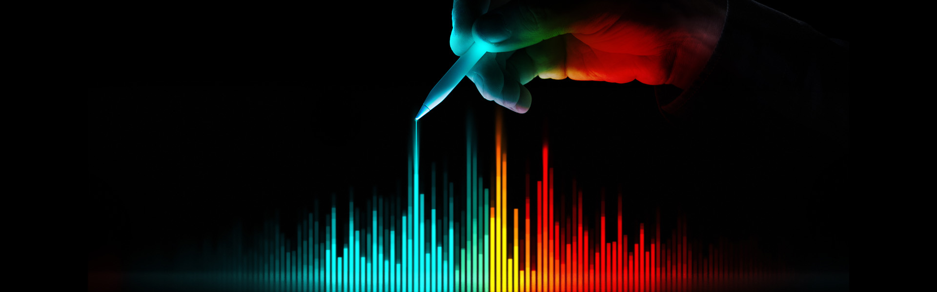 Hand conducting a colorful data visualization representing bold, creative approaches to the future of market research in pharma