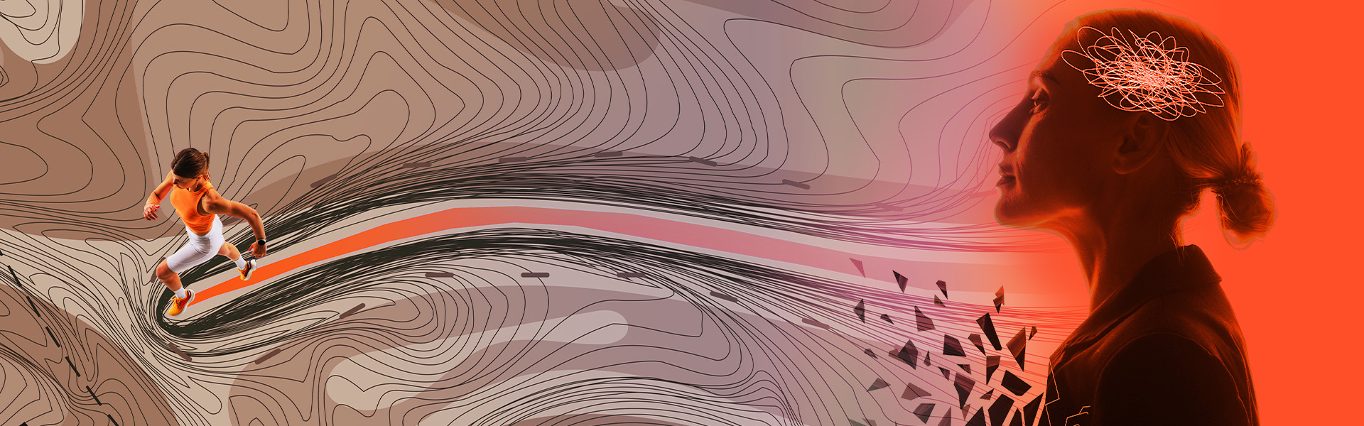 Woman running through abstract topographic landscape toward a silhouette with neural activity representing the complexity of the patient journey in pharma research