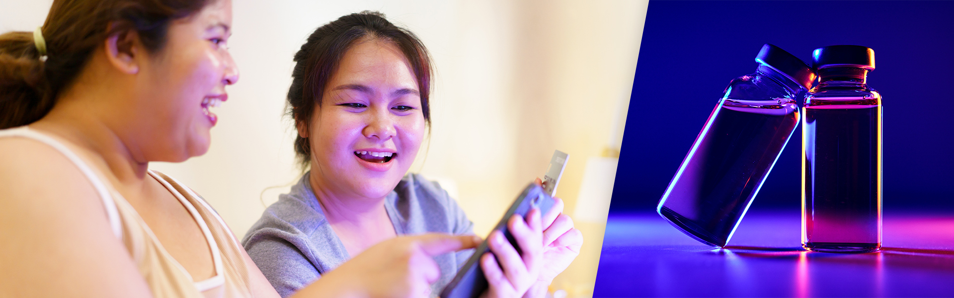 Split image of patients engaging on mobile alongside pharmaceutical vials representing the intersection of consumer brand experience and clinical science in modern pharma