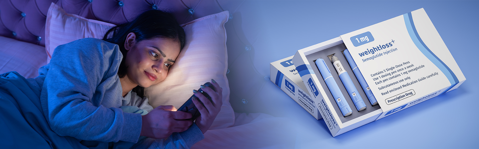 Patient researching medication on phone at night alongside semaglutide injection packaging representing how GLP-1s reshaped pharma branding and patient engagement