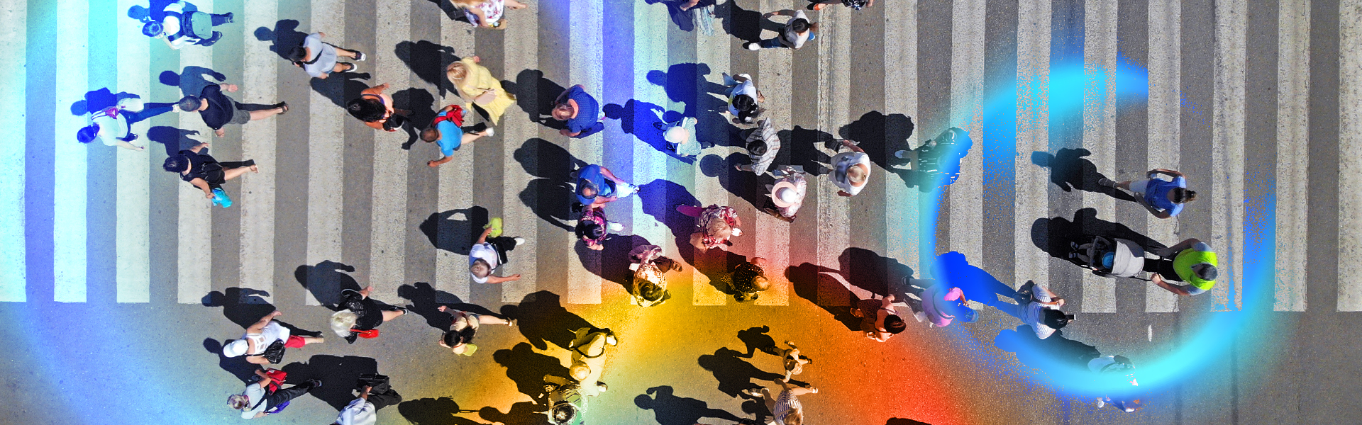 Aerial view of diverse crowd with colorful data overlays representing patient segmentation and market research insights in pharma