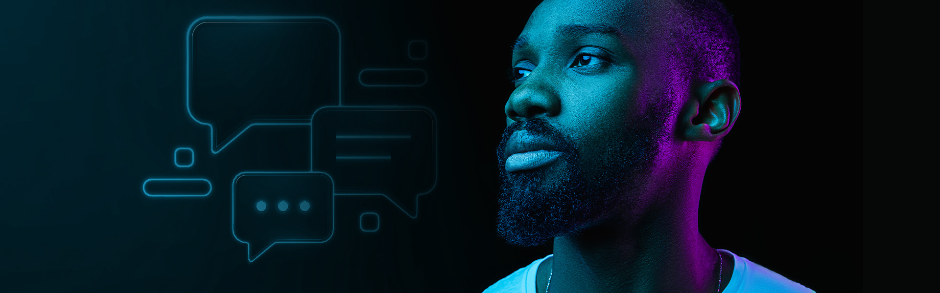 Man in thoughtful expression alongside digital speech bubble icons representing message testing and communication strategy in pharma market research