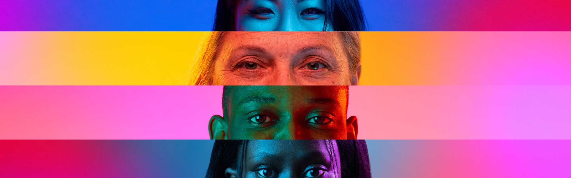 Diverse faces in colorful horizontal bands representing the power of multiple perspectives in pharma brand strategy and market research