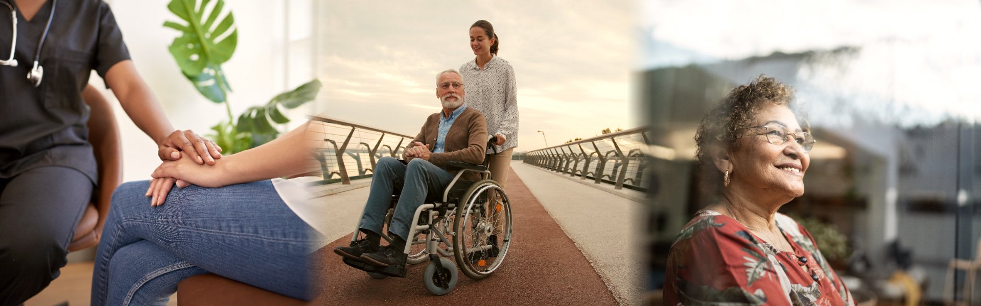 Nurse comforting a seated patient's hand; caregiver pushing an older man in a wheelchair along a bridge; smiling older woman outdoors
